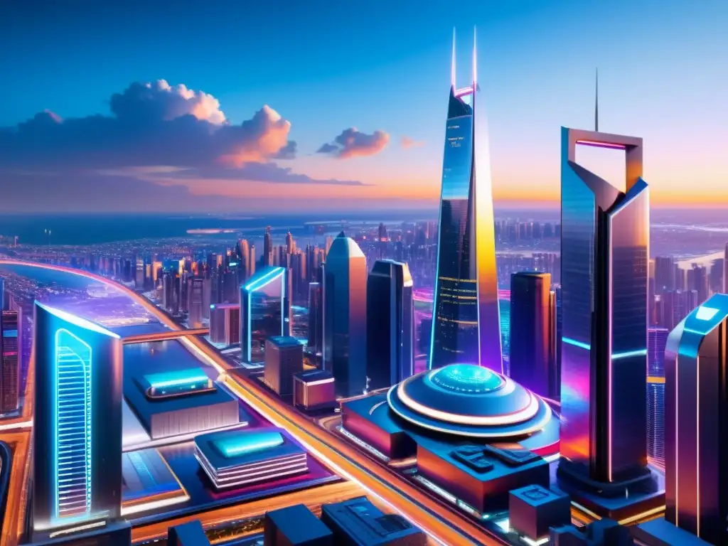 Vibrante ciudad futurista con rascacielos y sistemas de transporte AI, desafíos éticos IA propiedad intelectual