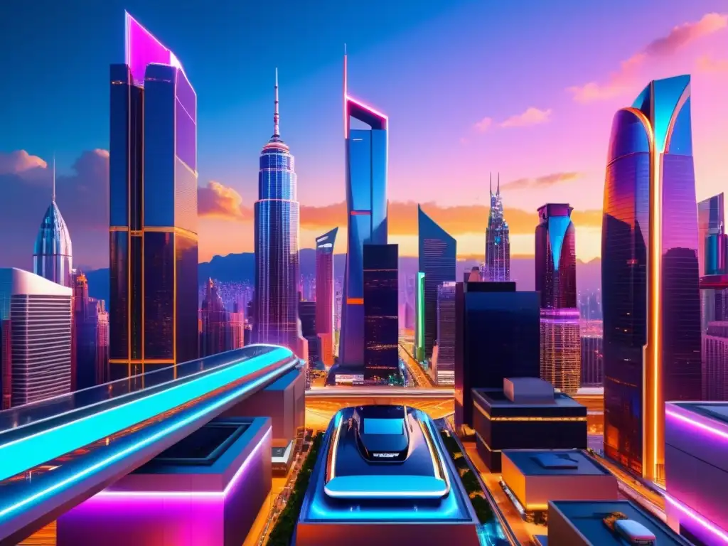 Vibrante ciudad futurista con rascacielos interconectados y personas diversas debatiendo, reflejando los desafíos de la inteligencia artificial en derechos de autor