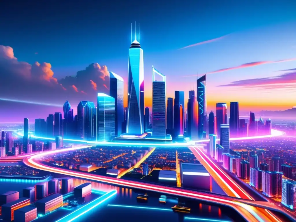 Vibrante ciudad futurista con rascacielos iluminados y tecnología avanzada