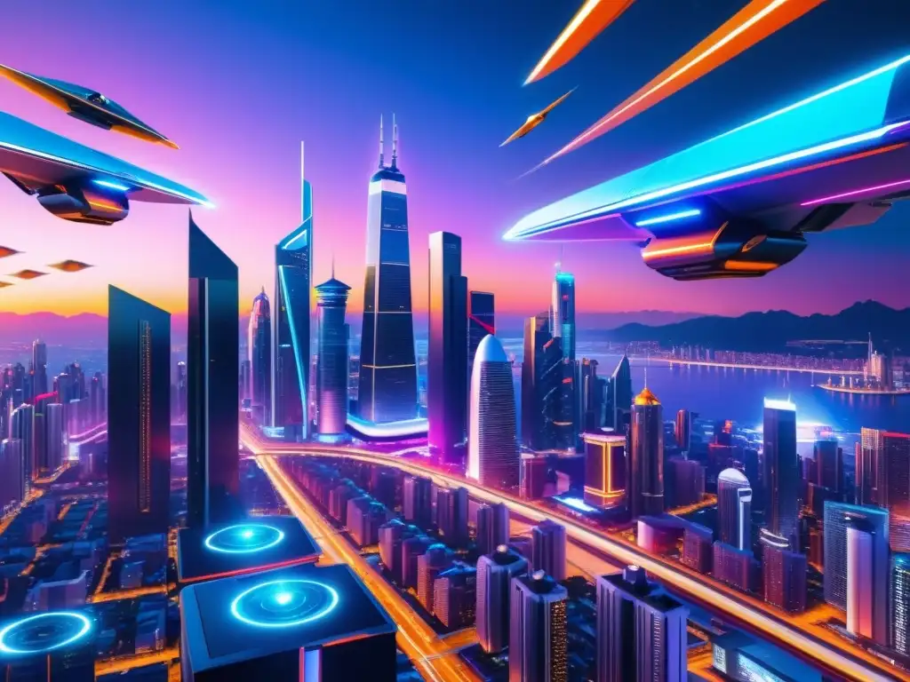 Vibrante ciudad futurista con rascacielos metálicos y vehículos voladores, evoca protección legal para simulaciones de IA