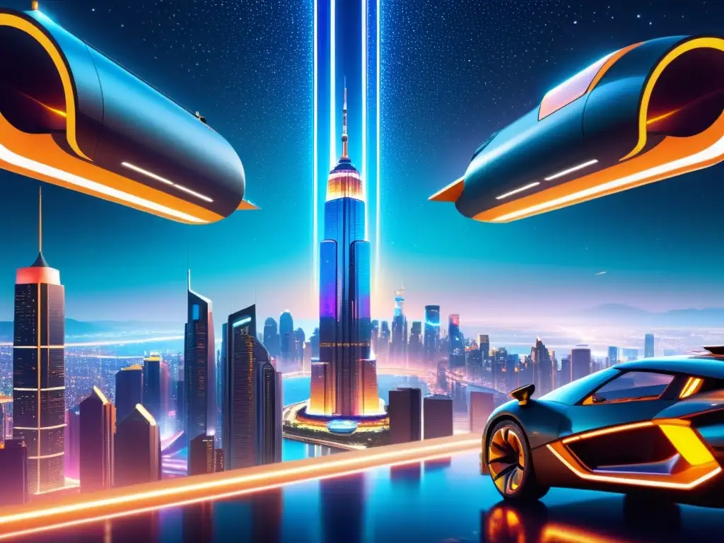 Metrópolis futurista brillante: arte digital detallado Vibrante ciudad futurista con rascacielos iluminados por luces neón y tecnología avanzada