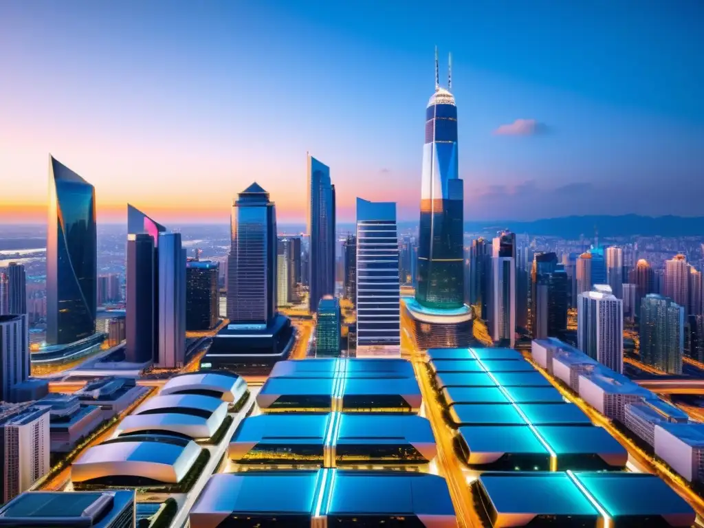 Vibrante ciudad futurista con rascacielos, luces de neón y vehículos autónomos, reflejando la interconexión global y la propiedad intelectual en el comercio electrónico internacional