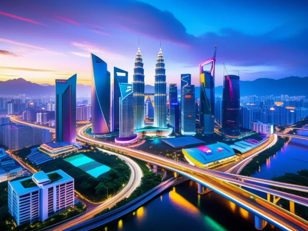Vibrante ciudad futurista ASEAN, con rascacielos iluminados por luces neón, reflejando la convergencia leyes propiedad intelectual