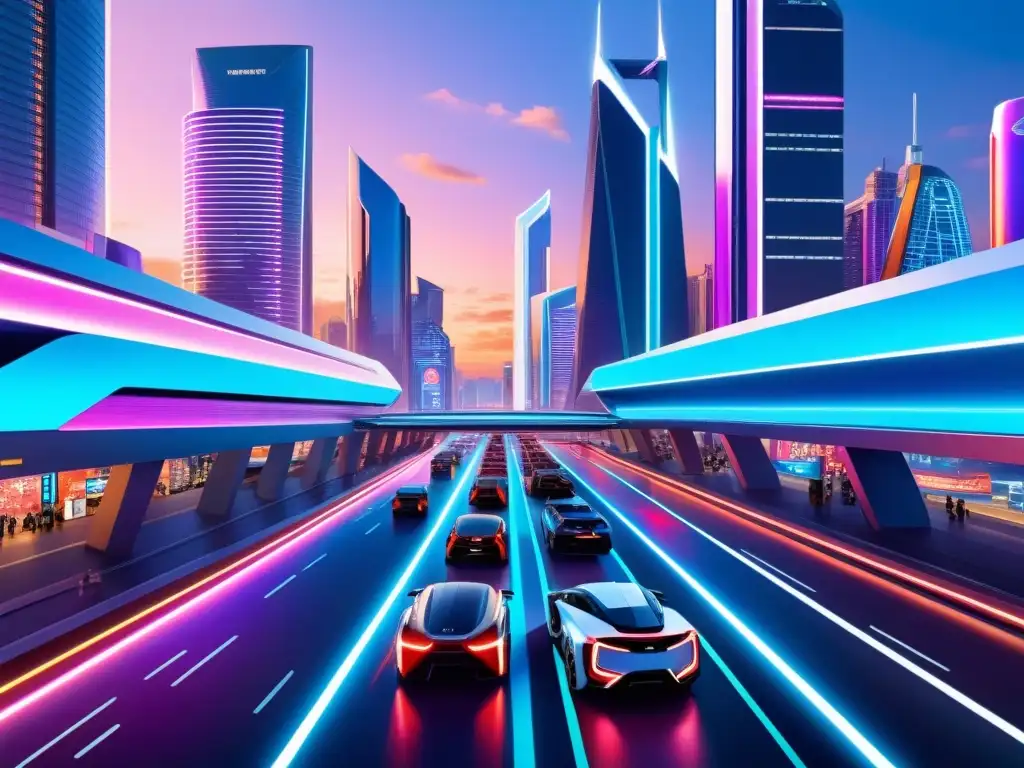 Vibrante ciudad futurista al anochecer con rascacielos iluminados por luces de neón y anuncios holográficos