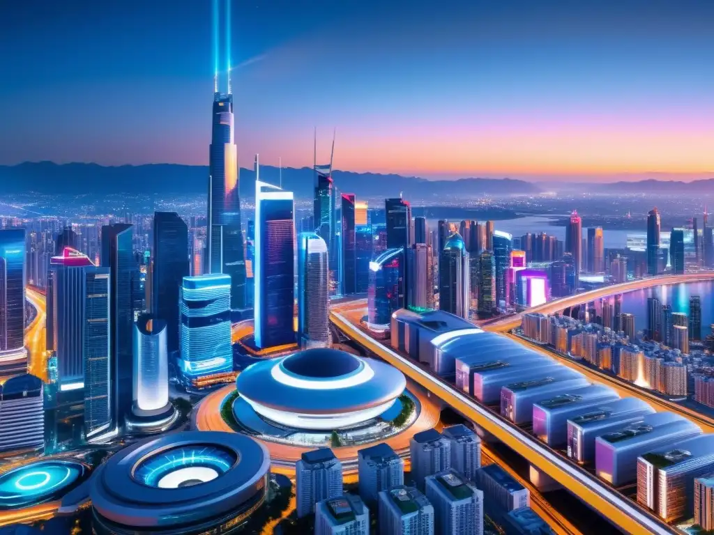 Vibrante ciudad futurista con rascacielos iluminados por luces de neón y hologramas, rodeada de tecnología avanzada