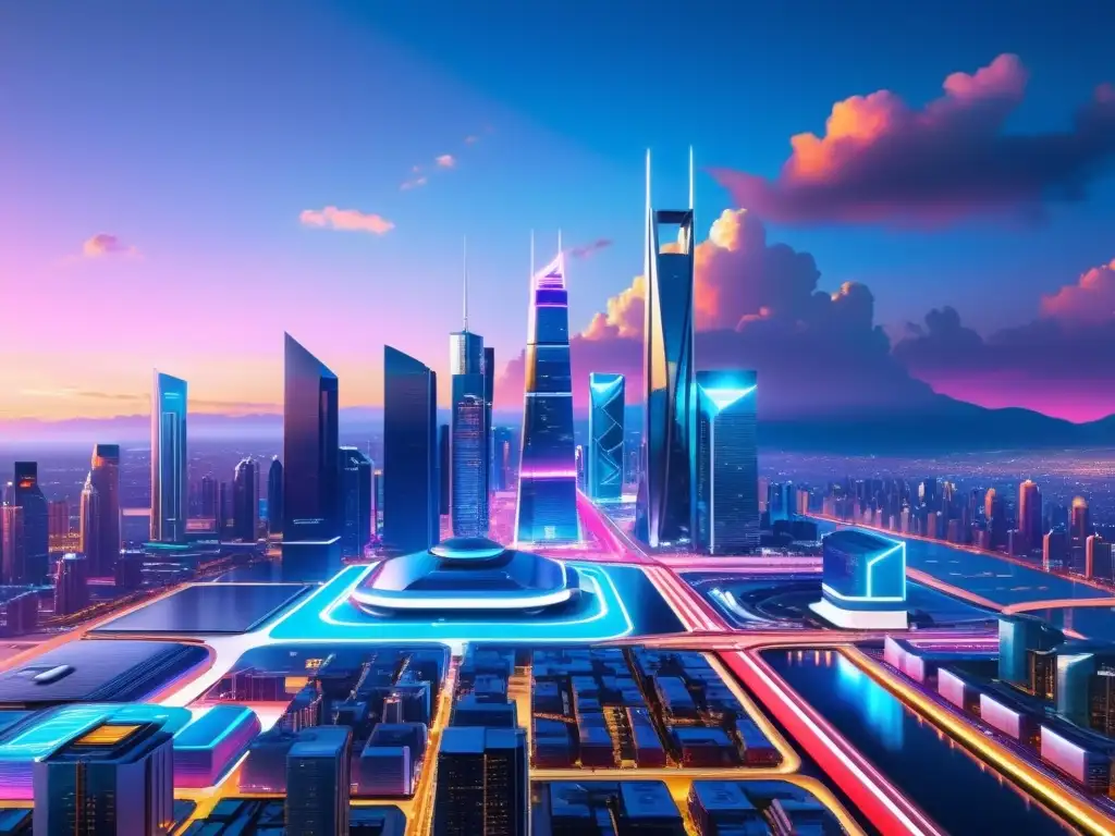 Vibrante ciudad futurista con rascacielos de vidrio y acero, tecnología avanzada y desarrollo de software
