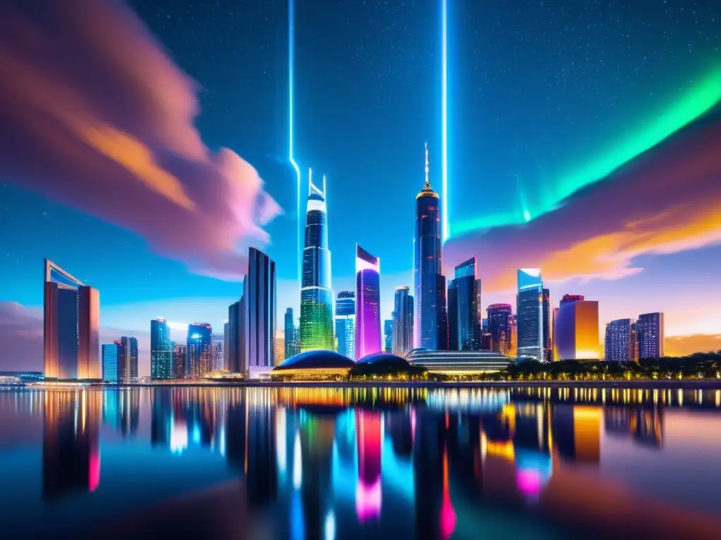 Vibrante ciudad futurista con rascacielos y tecnología avanzada, iluminada por luces de neón contra un cielo estrellado