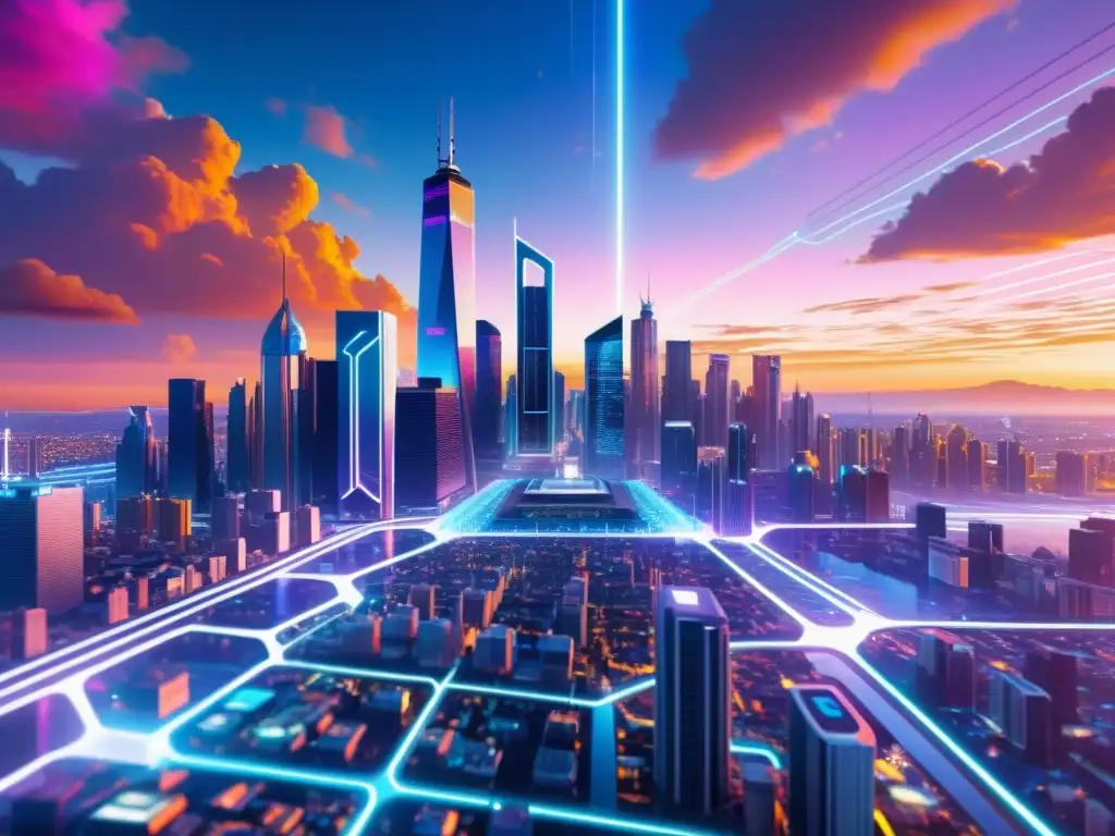 Vibrante ciudad futurista con rascacielos interconectados y hologramas, reflejando la propiedad intelectual en inteligencia artificial