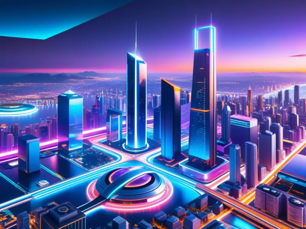 Vibrante ciudad futurista con rascacielos, luces de neón y discusión sobre legislación actual sobre derechos de autor en el mundo impulsado por AI