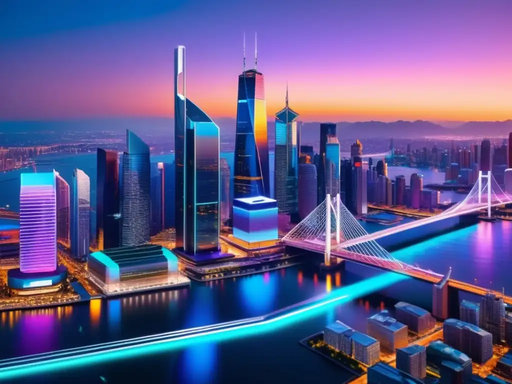 Vibrante ciudad futurista con rascacielos interconectados por puentes de neón, reflejando innovación financiera y tecnológica en el sector Fintech