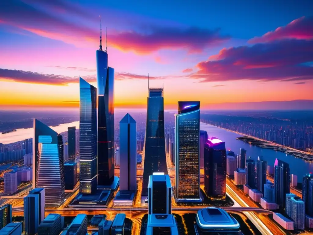 Vibrante ciudad futurista con rascacielos reflejando atardecer