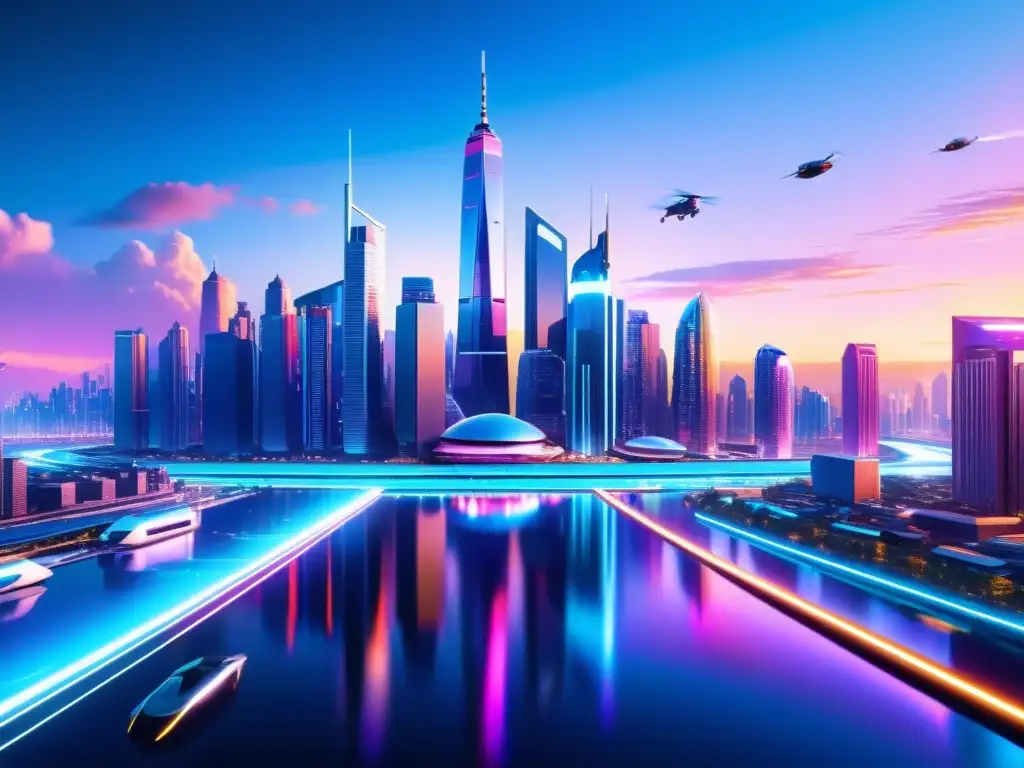 Vibrante ciudad futurista con rascacielos, vehículos voladores y luces de neón, reflejada en un río hightech