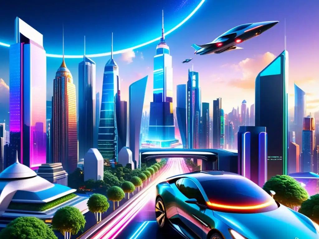 Vibrante ciudad futurista con rascacielos, hologramas y avanzados sistemas de transporte
