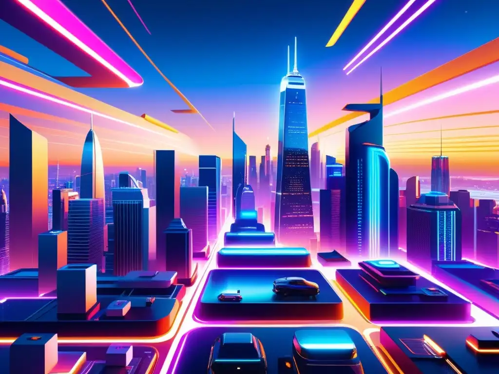 Vibrante ilustración 8k de ciudad futurista con rascacielos, vehículos voladores y tecnología avanzada integrada