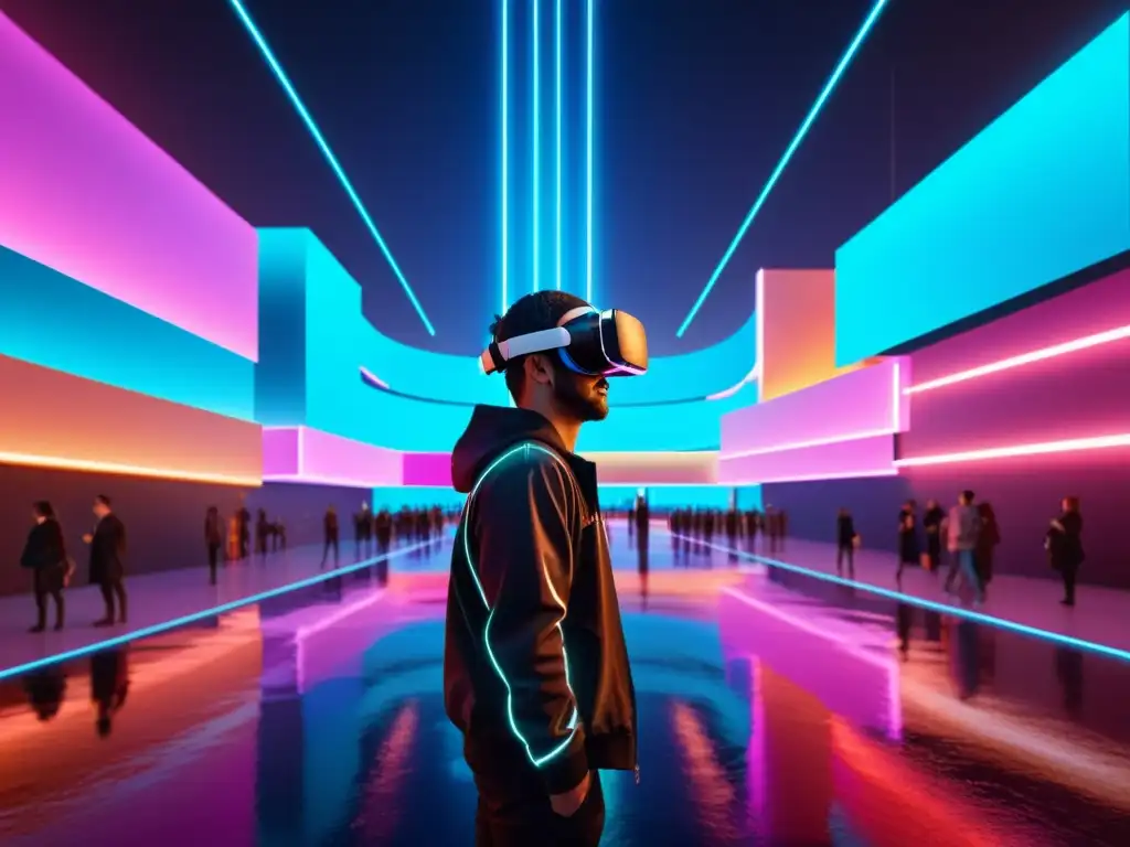 Vibrante ciudad futurista de realidad virtual con NFT en propiedad intelectual y avatares interactuando en un entorno inmersivo