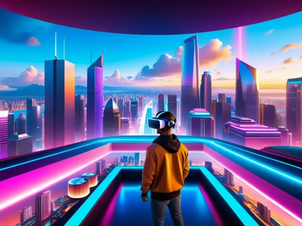 Vibrante ciudad futurista en realidad virtual, con skyscrapers neon iluminados y personas interactuando con dispositivos digitales