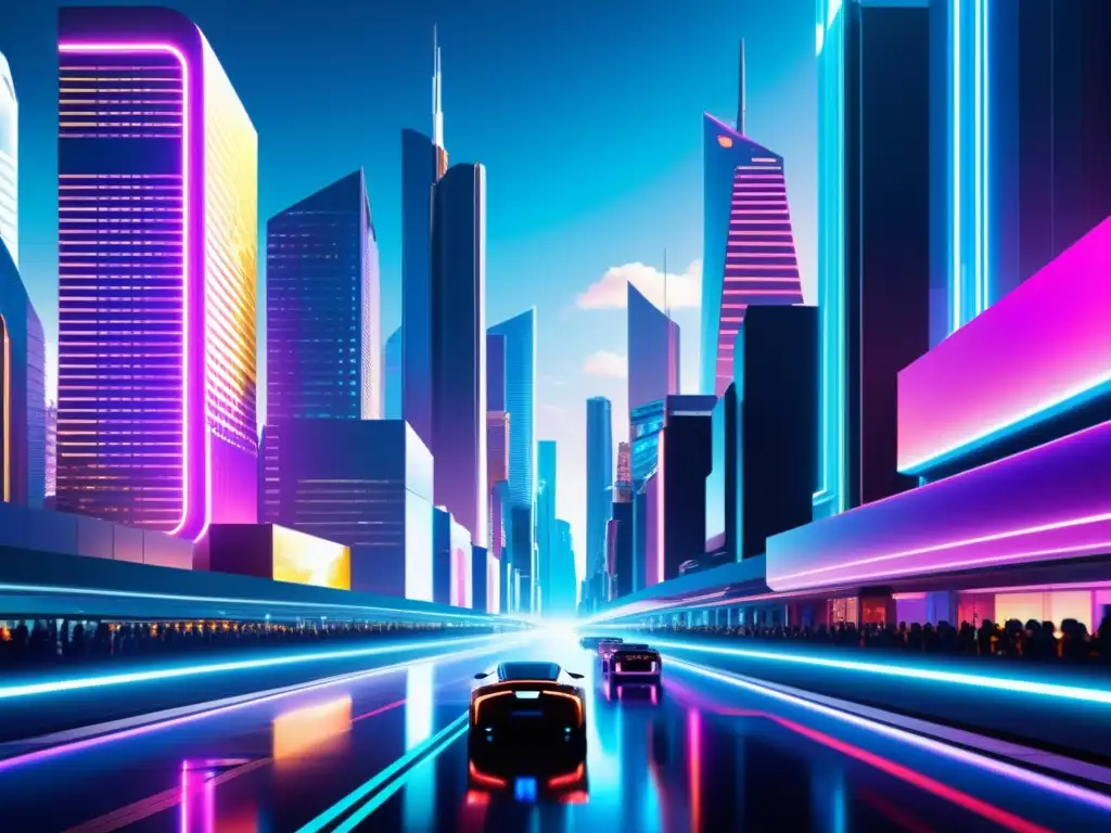 Vibrante ciudad futurista de realidad virtual con rascacielos iluminados y tecnología avanzada