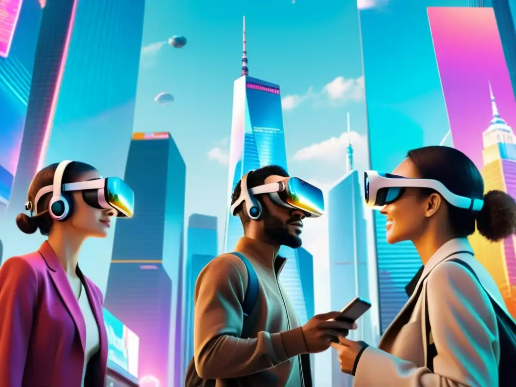 Vibrante ciudad futurista con realidad aumentada y marcas registradas en videojuegos