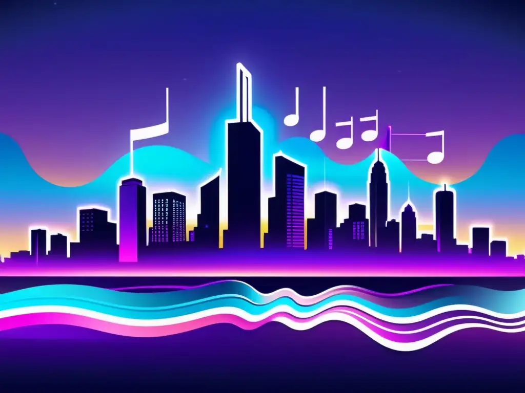 Vibrante ciudad futurista integrando música y tecnología, simbolizando los derechos de autor en streaming digital