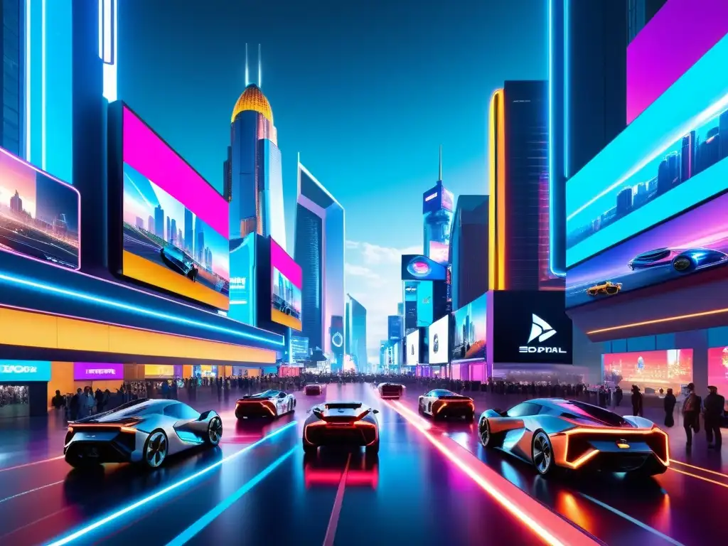 Vibrante ciudad futurista con tecnología de videojuegos y realidad virtual, mostrando la legislación de propiedad intelectual