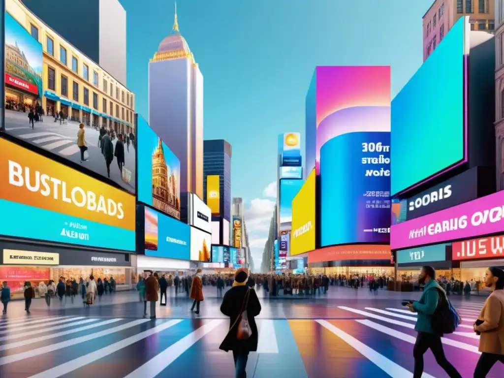 Vibrante ciudad con impacto de la realidad aumentada: edificios modernos, hologramas y anuncios digitales interactuando con la vida cotidiana