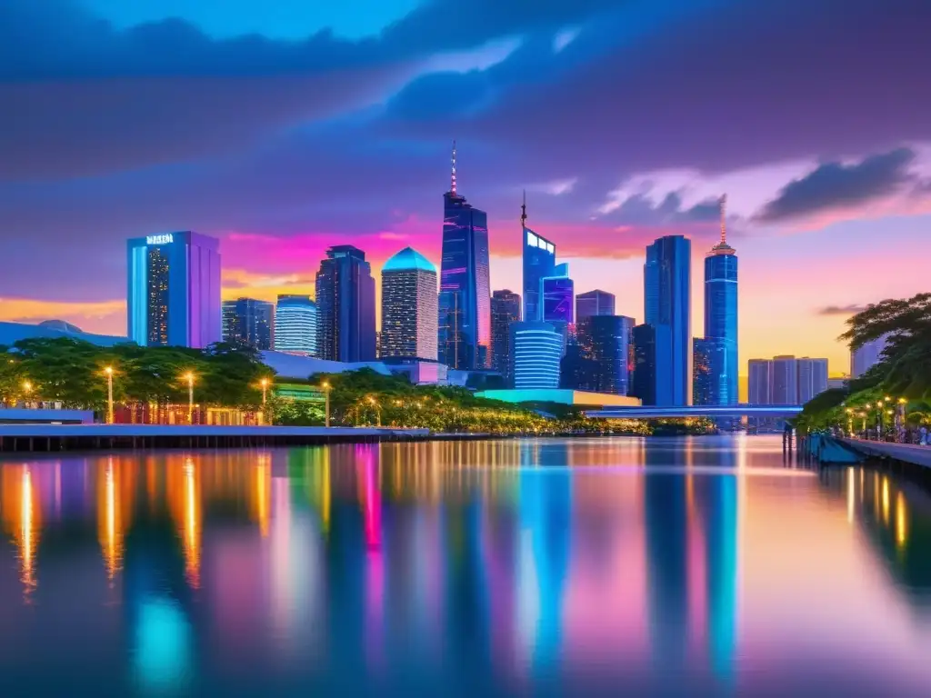 Vibrante ciudad moderna al atardecer, con luces de neón iluminando edificios y reflejándose en el agua