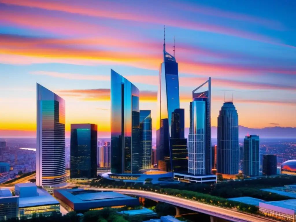 Vibrante ciudad moderna con rascacielos en un atardecer colorido, reflejando la energía e innovación de la economía colaborativa y oportunidades en propiedad intelectual