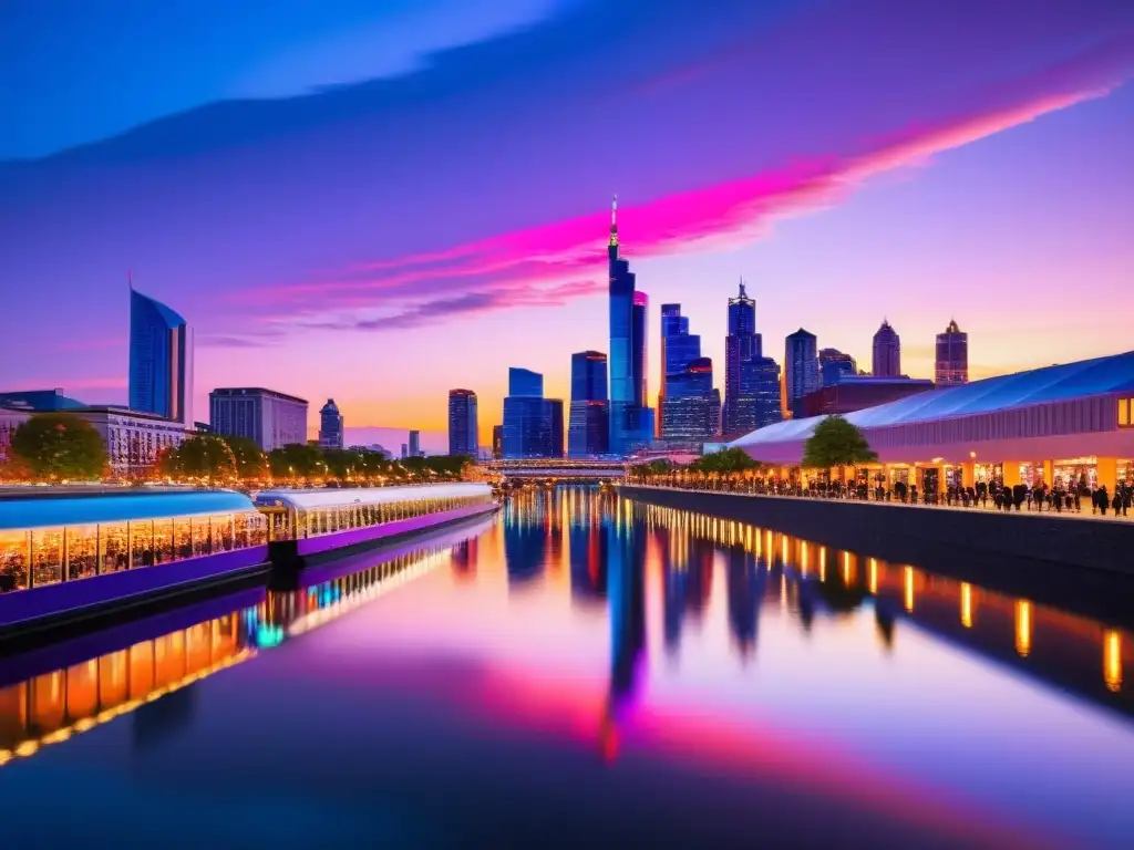 Una vibrante ciudad moderna al anochecer, con rascacielos iluminados por luces de colores y reflejados en el río