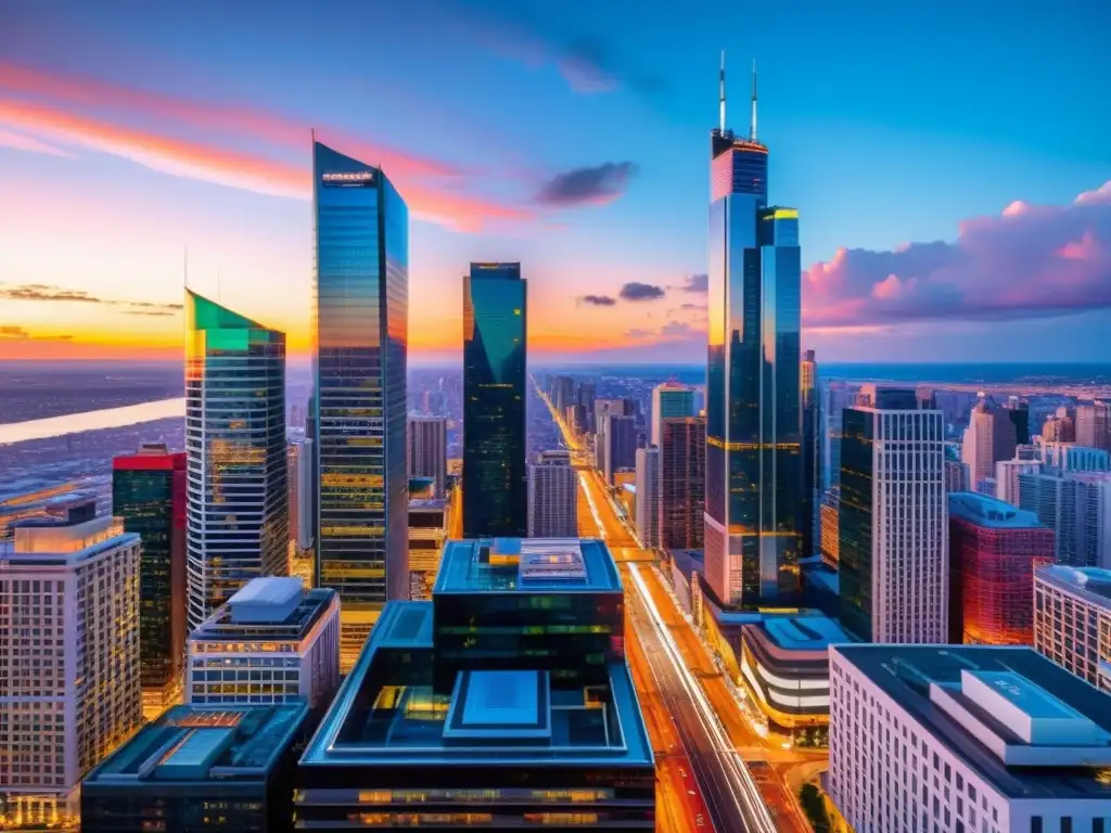 Esplendor urbano al atardecer: ciudad vibrante y moderna Vibrante ciudad moderna con rascacielos iluminados por la puesta de sol