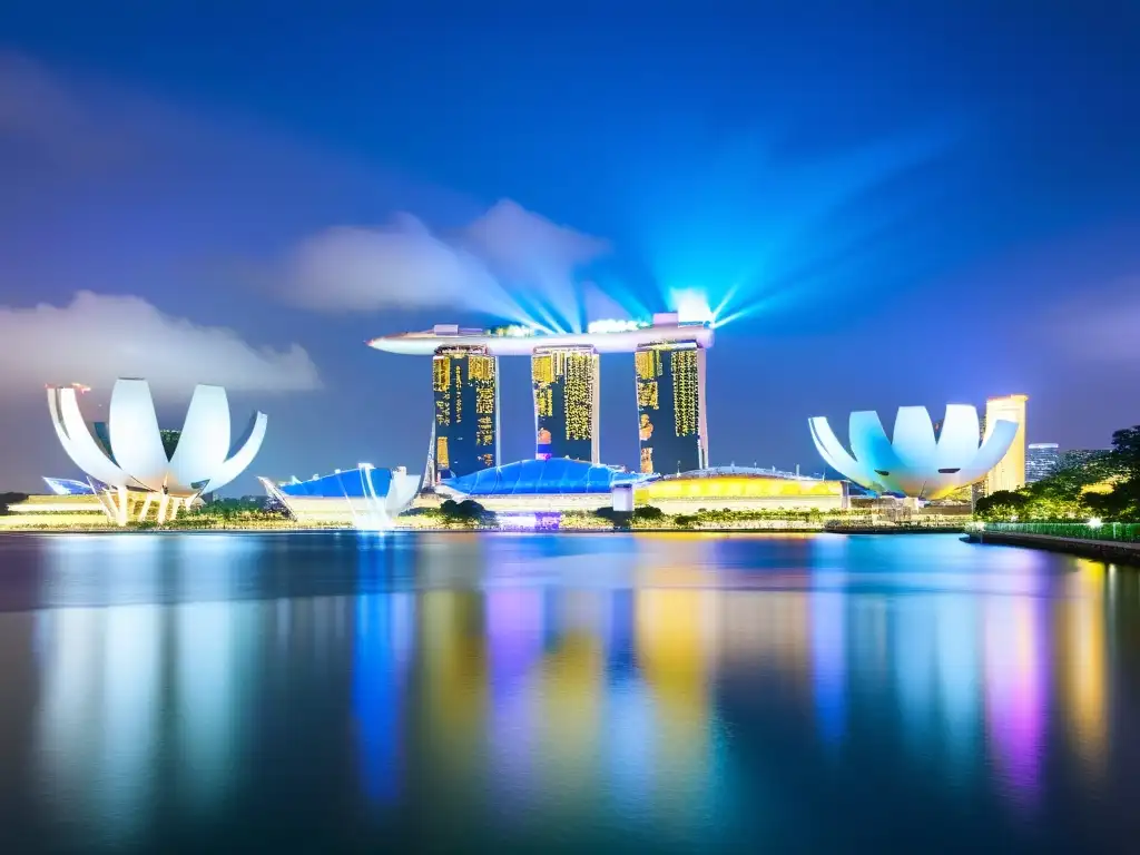 Vibrante ciudad de Singapur de noche, con rascacielos iluminados por luces de neón, reflejándose en la Marina Bay