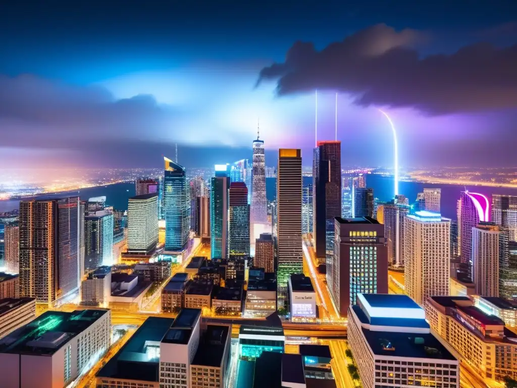 Vibrante ciudad nocturna con imponentes rascacielos iluminados, reflejando la conexión internacional y psicología de marcas globales