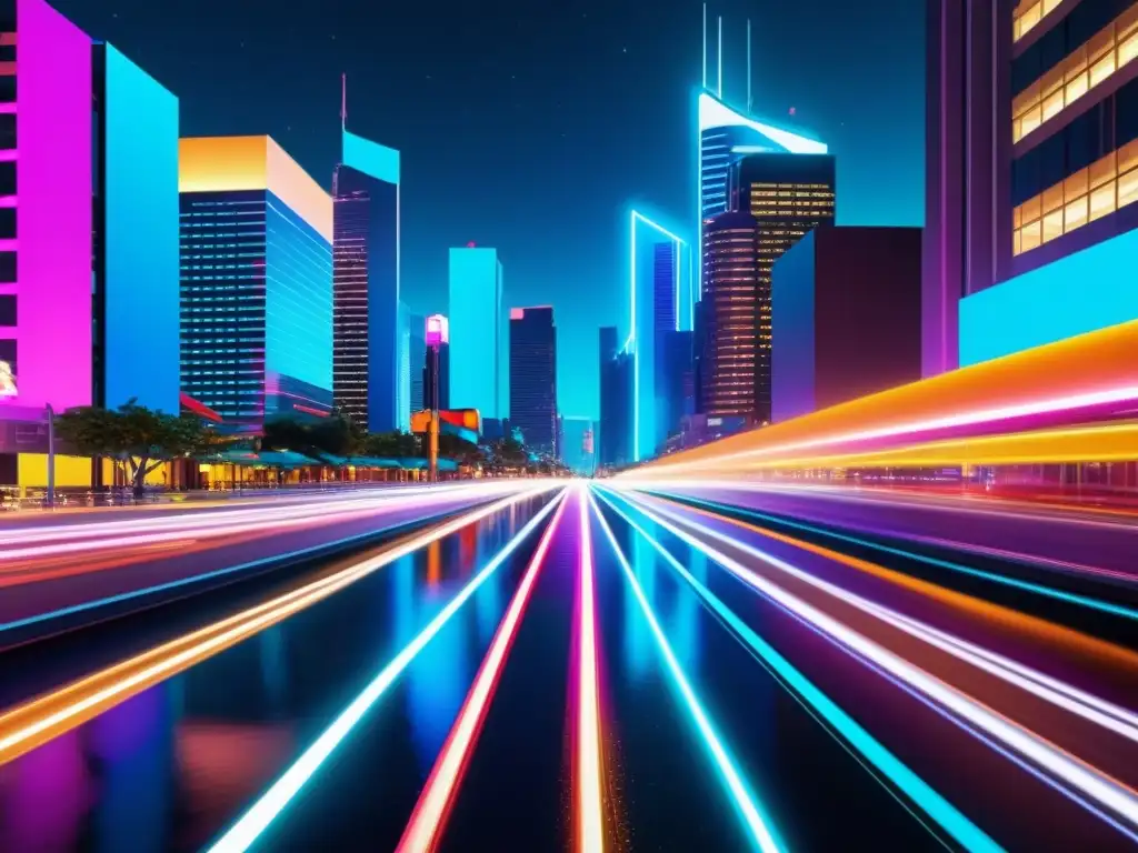 Vibrante ciudad nocturna con luces de neón, reflejos dinámicos en calles mojadas, capturando la energía de la publicidad digital