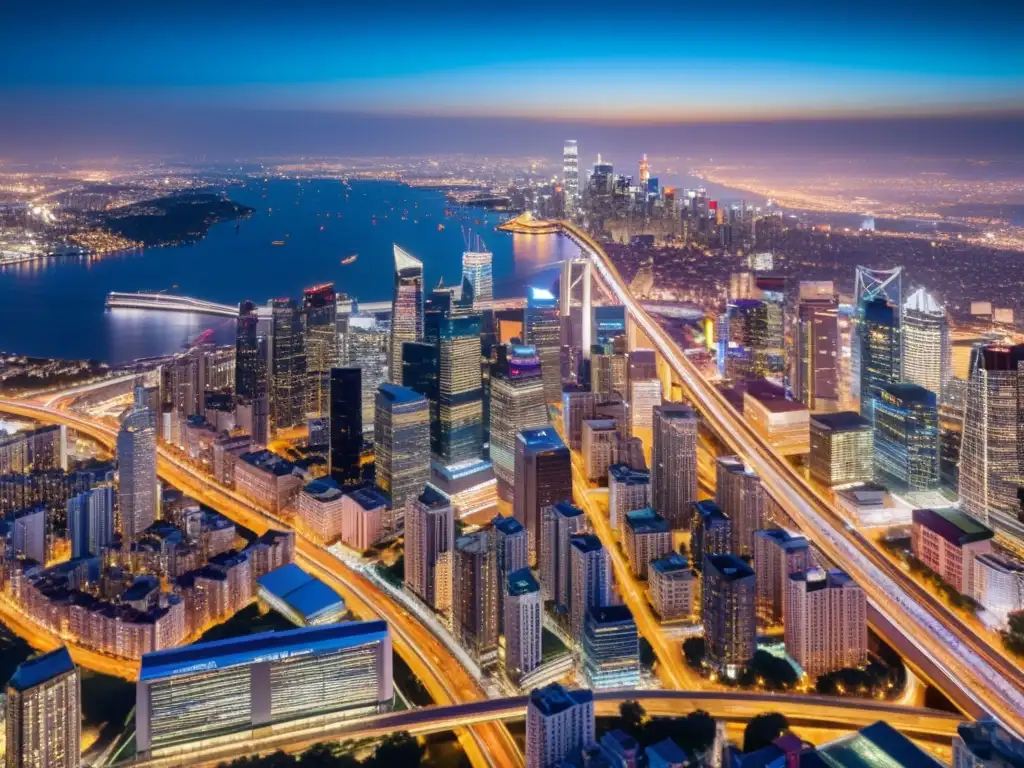 Vibrante ciudad nocturna con luces de tráfico y deslumbrante skyline