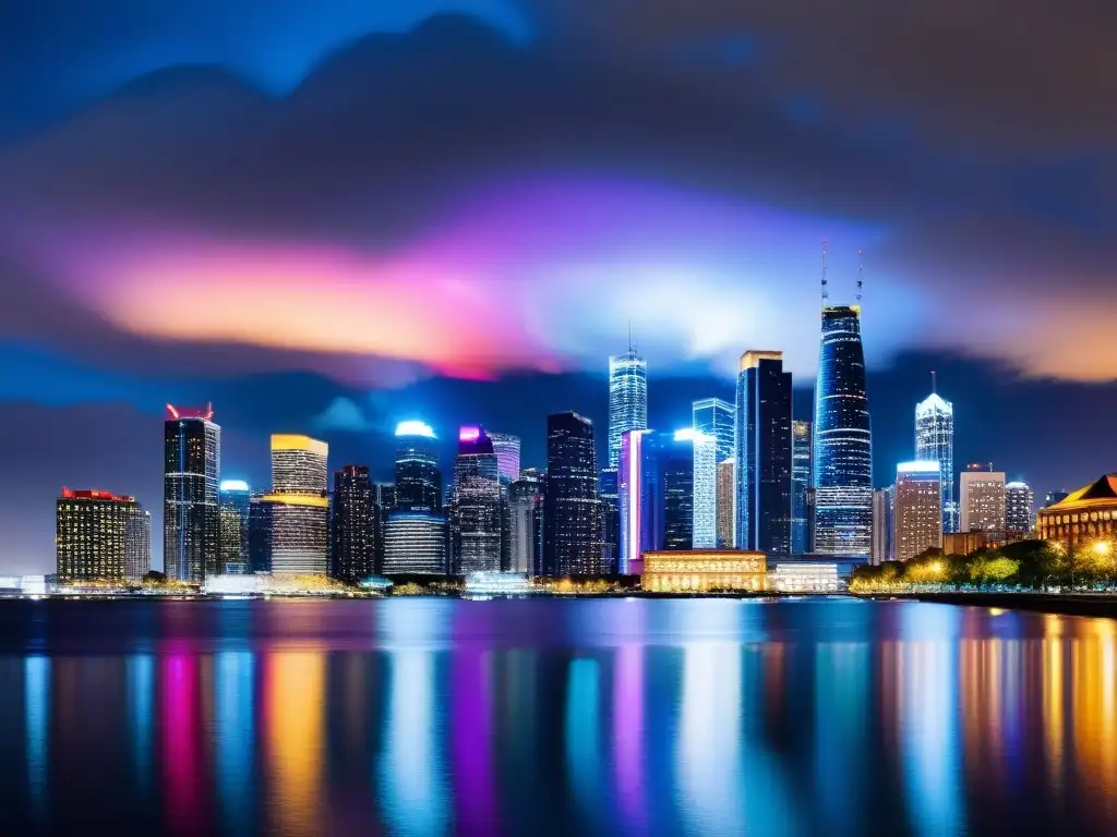 Vibrante ciudad nocturna, con modernos rascacielos iluminados y luces coloridas reflejadas en el agua, generando ingresos con licencias de marca
