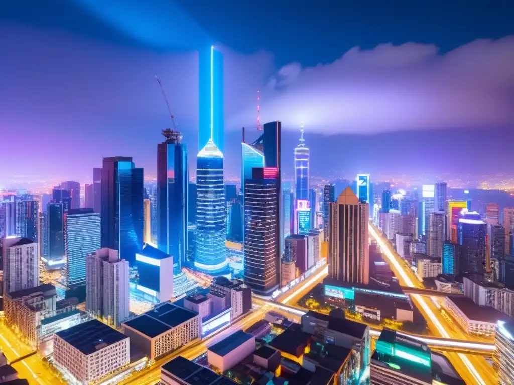 Vibrante ciudad nocturna con rascacielos iluminados y tecnología innovadora, desafiando políticas públicas y monopolios tecnológicos