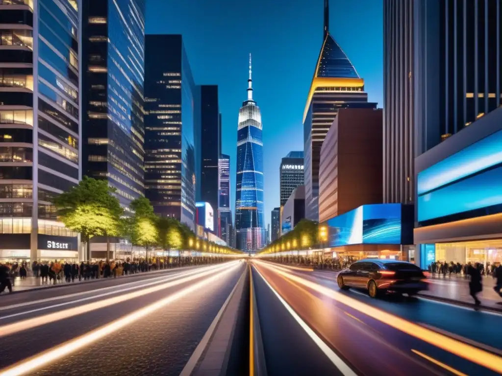 Vibrante ciudad nocturna con rascacielos iluminados y luces de coches