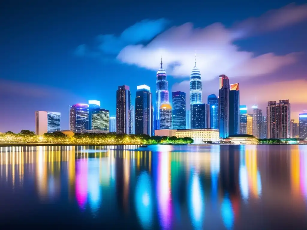 Vibrante ciudad nocturna con rascacielos iluminados reflejados en el agua