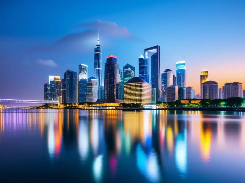 Vibrante ciudad nocturna reflejada en el agua, exudando poder e innovación