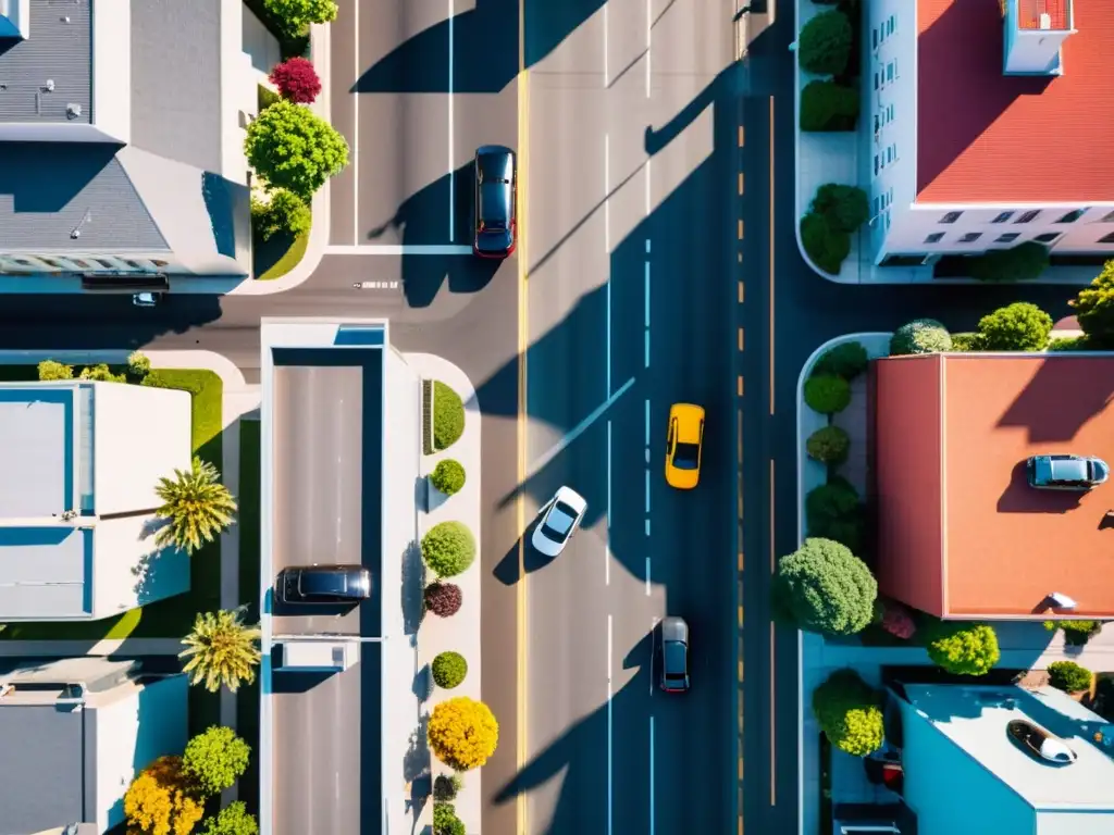 Vibrante ciudad desde la perspectiva de un dron, mostrando detalles urbanos