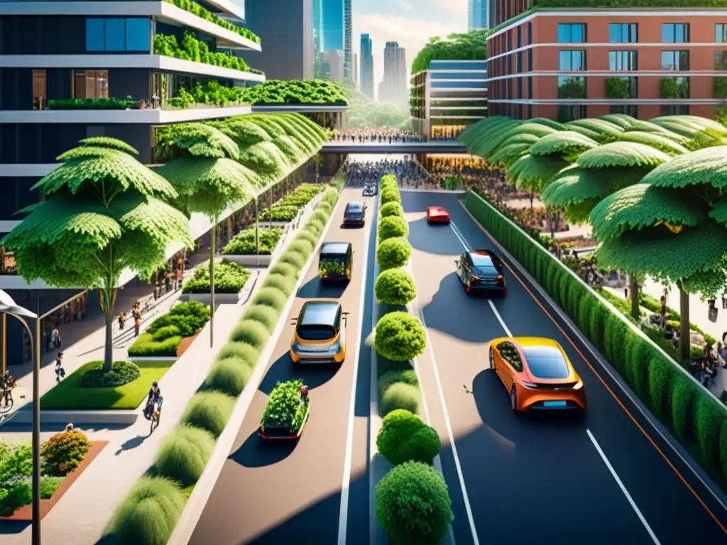 Escena urbana ecofriendly: ciudad sostenible y naturaleza vibrante Una vibrante ciudad sostenible llena de vida y naturaleza, ejemplificando casos exitosos marcas sostenibles