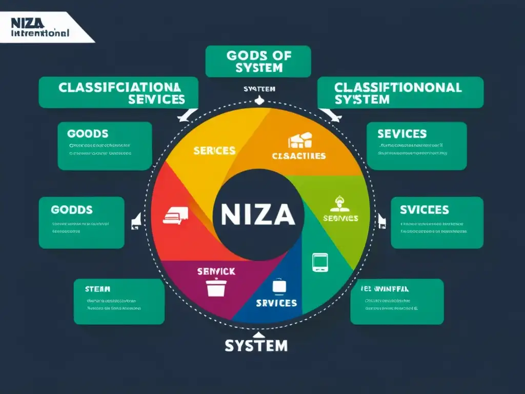 Vibrante representación gráfica de la Clasificación Internacional de Marcas Niza, mostrando la interconexión y dinamismo de las categorías de bienes y servicios