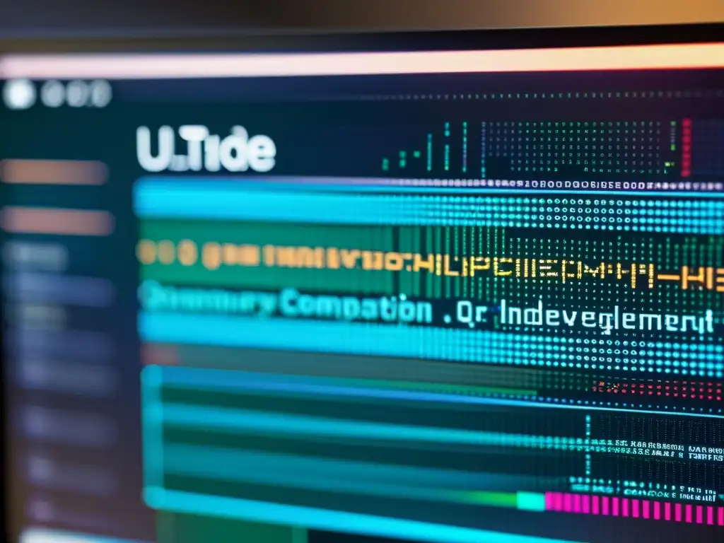 Vibrante código en pantalla de ordenador, reflejando innovación y sofisticación en un entorno profesional y contemporáneo