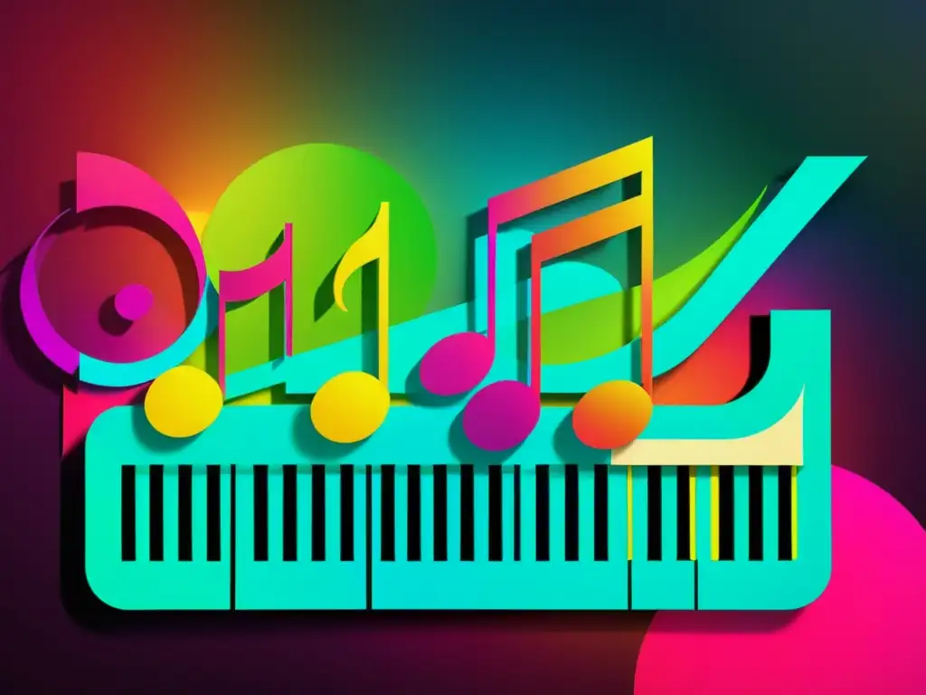 Vibrante collage digital con notas musicales, documentos legales y formas abstractas, en colores llamativos