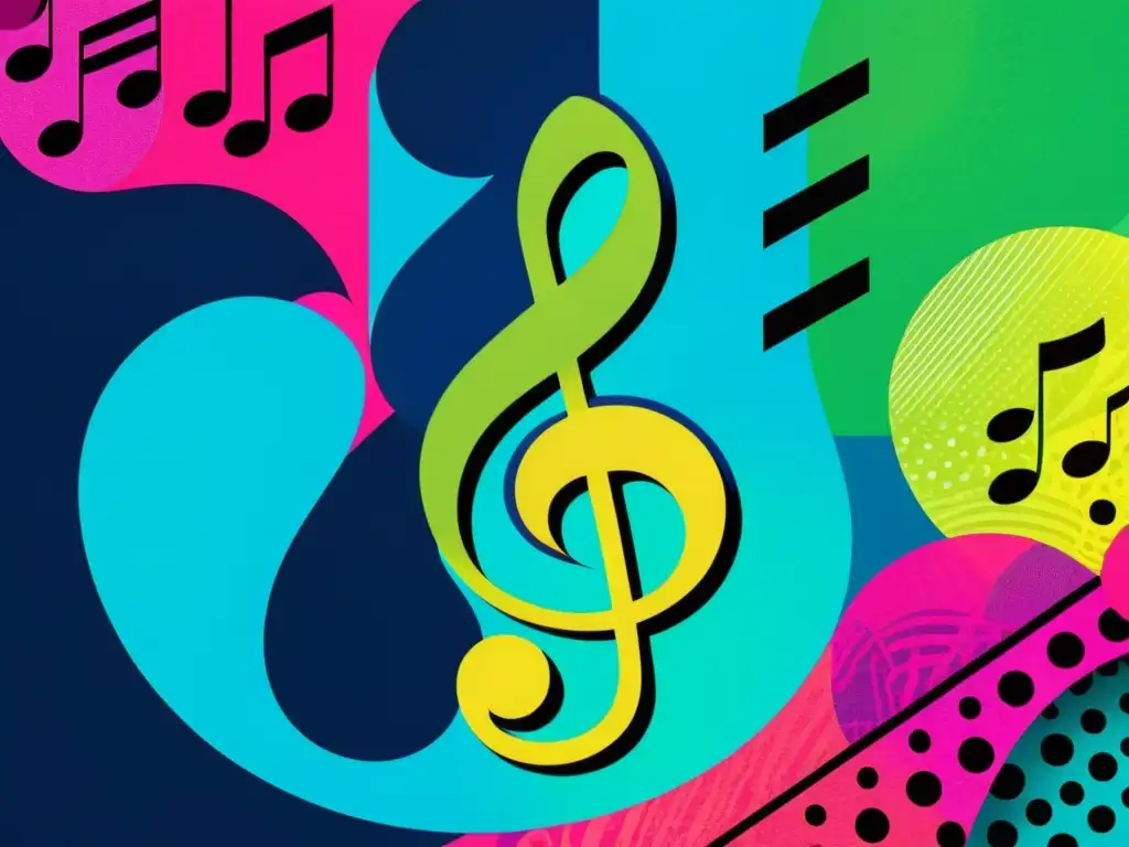 Vibrante collage de notas musicales, instrumentos y símbolos de copyright en tonos dinámicos, reflejando la complejidad legal del fair use música