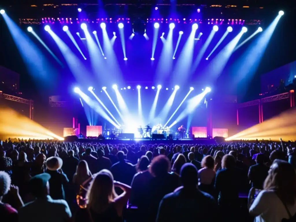 Vibrante concierto con luces de escenario, músicos y público animado