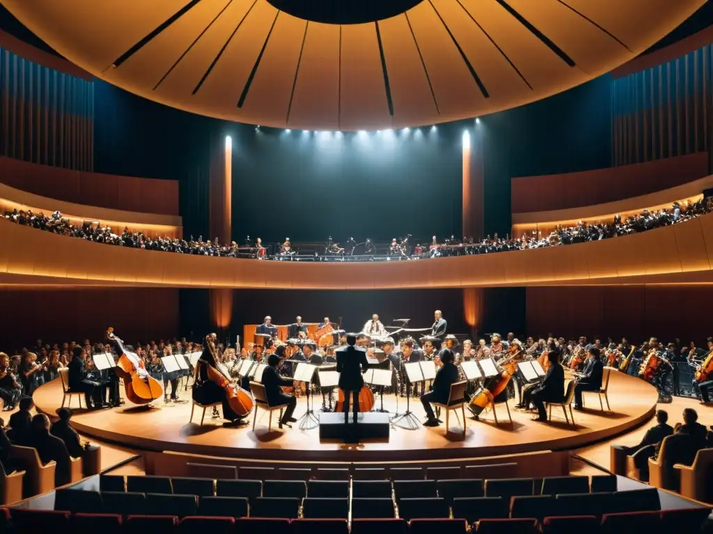 Un vibrante concierto en un moderno auditorio, donde músicos de todo el mundo interpretan juntos