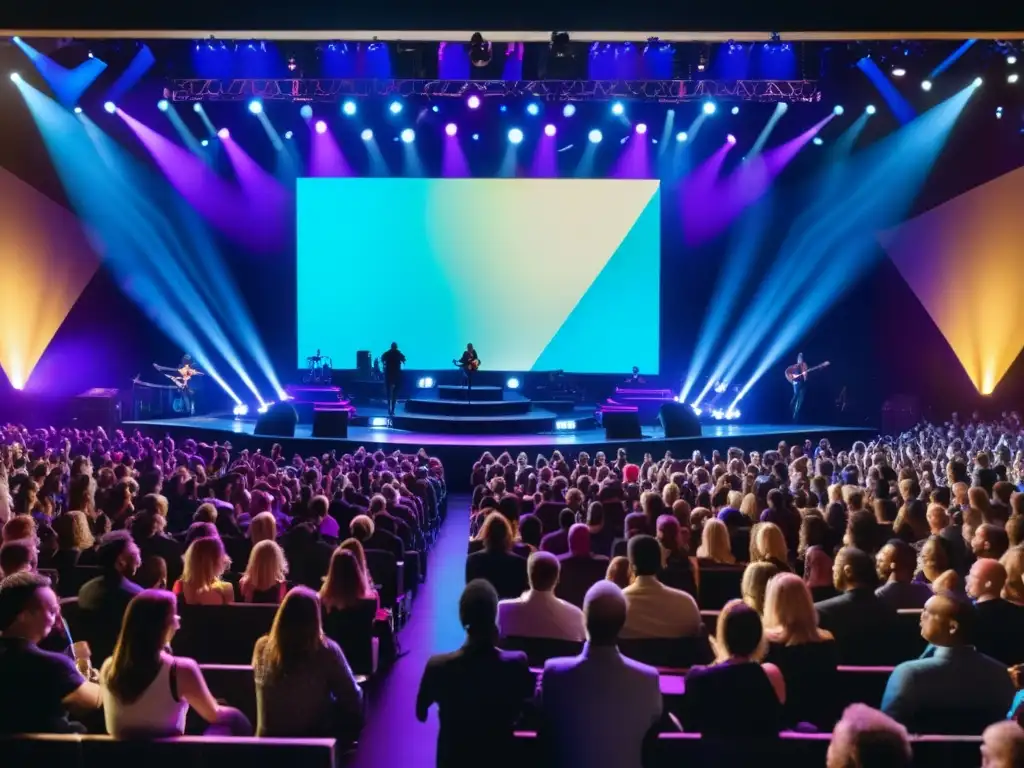 Un vibrante concierto en un moderno escenario, con artistas interactuando con el público