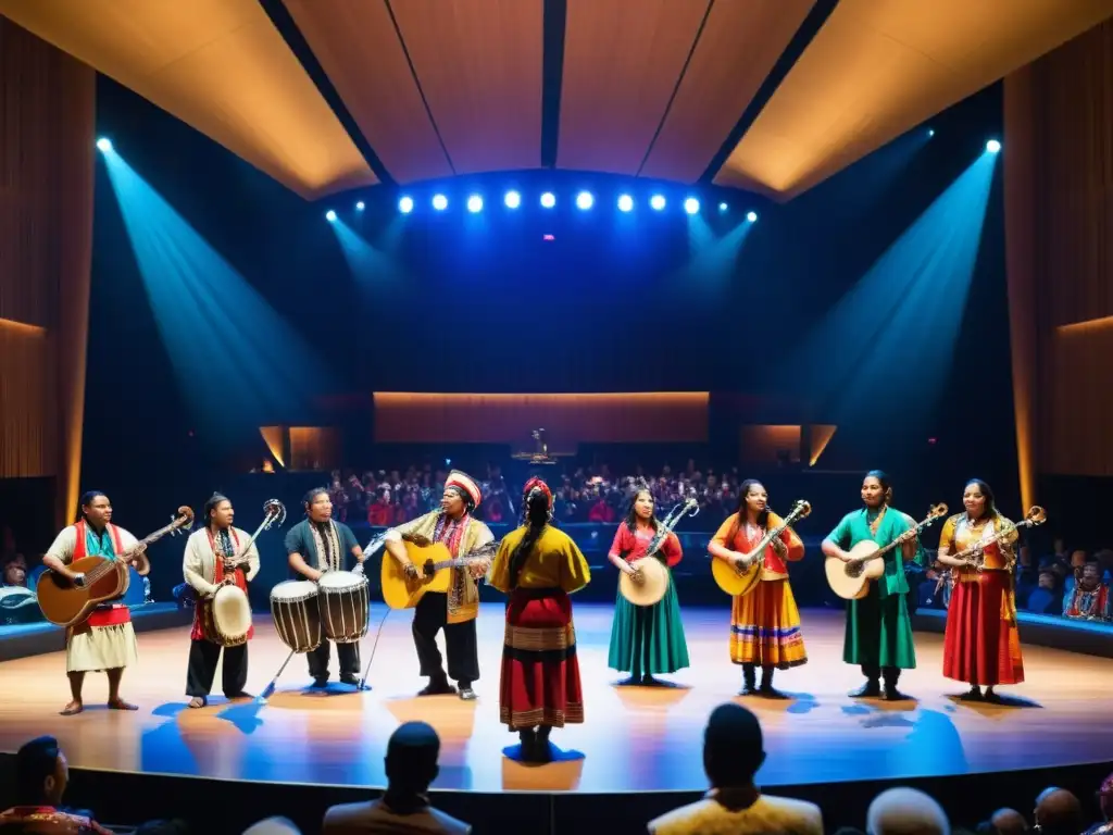 Un vibrante concierto de músicos indígenas en un moderno escenario, fusionando tradición y modernidad