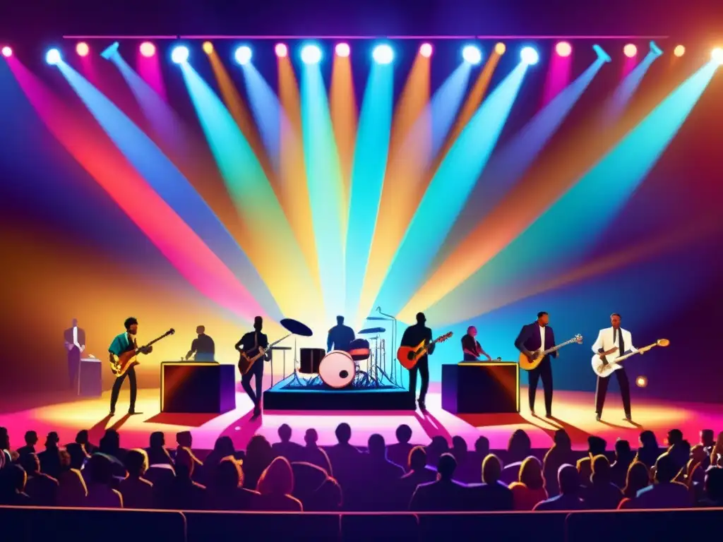 Un vibrante concierto con músicos diversos tocando juntos en el escenario, luces coloridas y energía dinámica