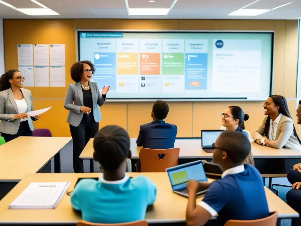 Debate animado sobre copyright en aula moderna Vibrante discusión sobre derechos de autor en un aula moderna